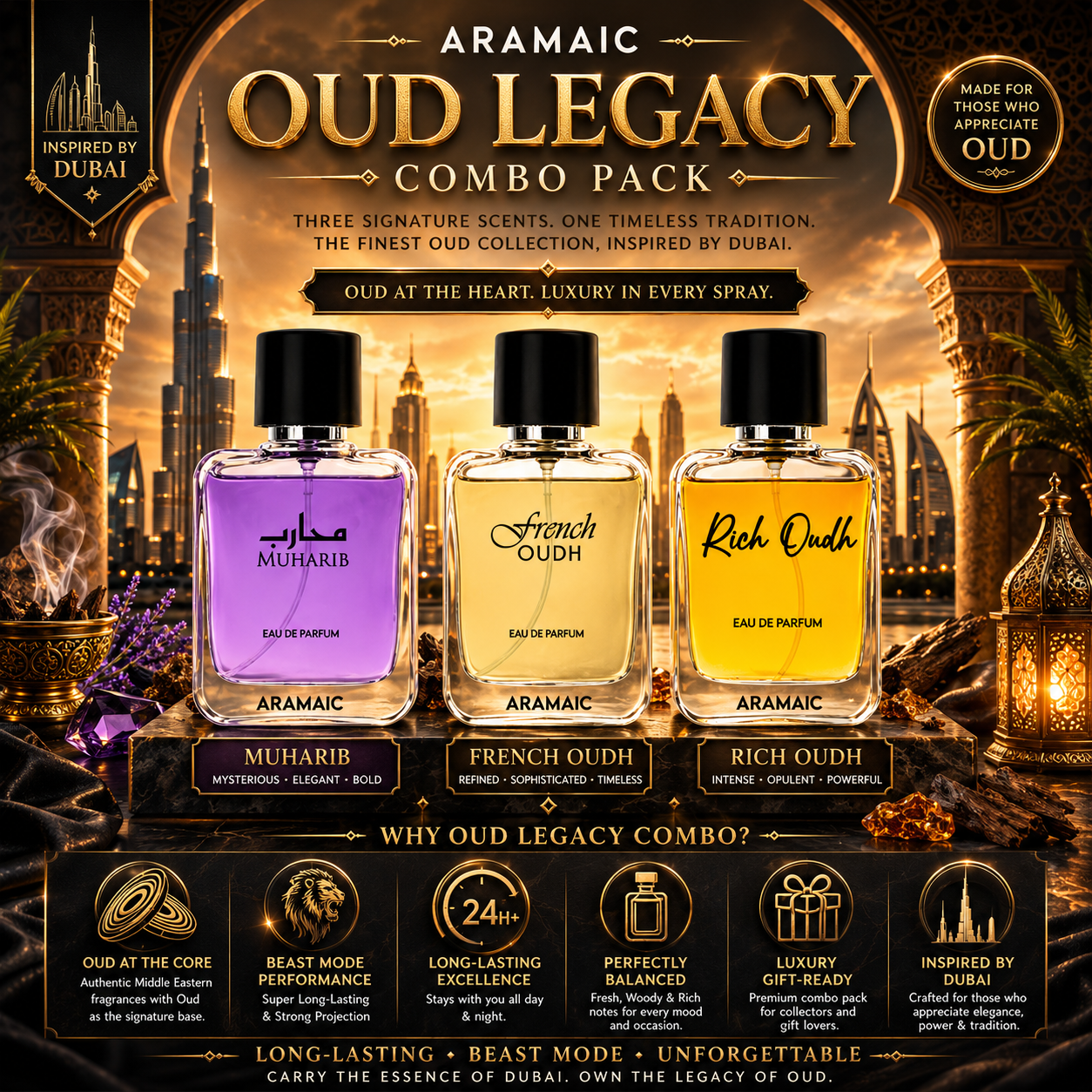 Dubai Oud Premium Combo Pack - Rich Oudh x Muharib x French Oudh - 3x50 ML