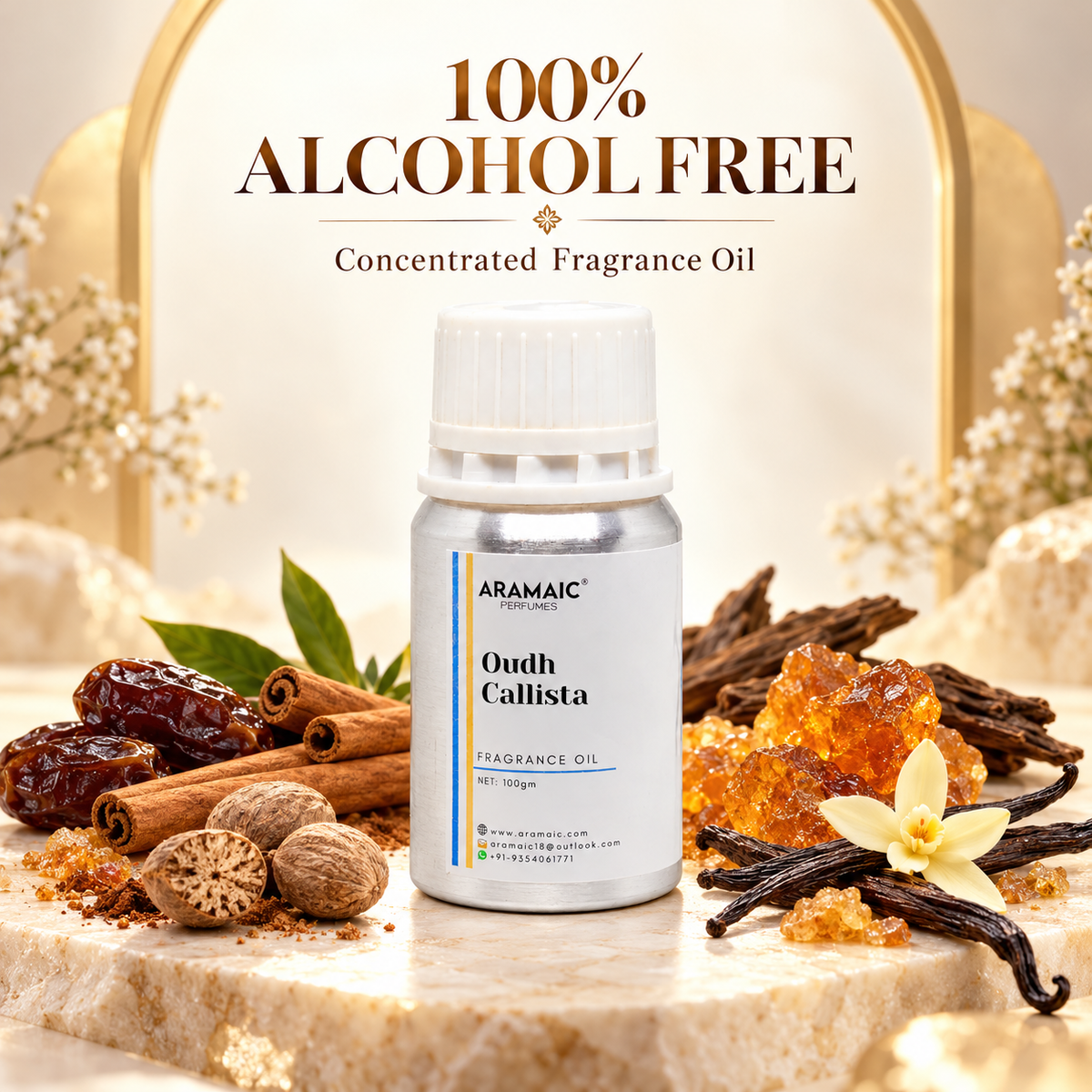 Aramaic Oudh Callista Fragrance Oil 100g – Khamrah Inspired, Alcohol-Free, Rich Gourmand & Amber Perfume Oil