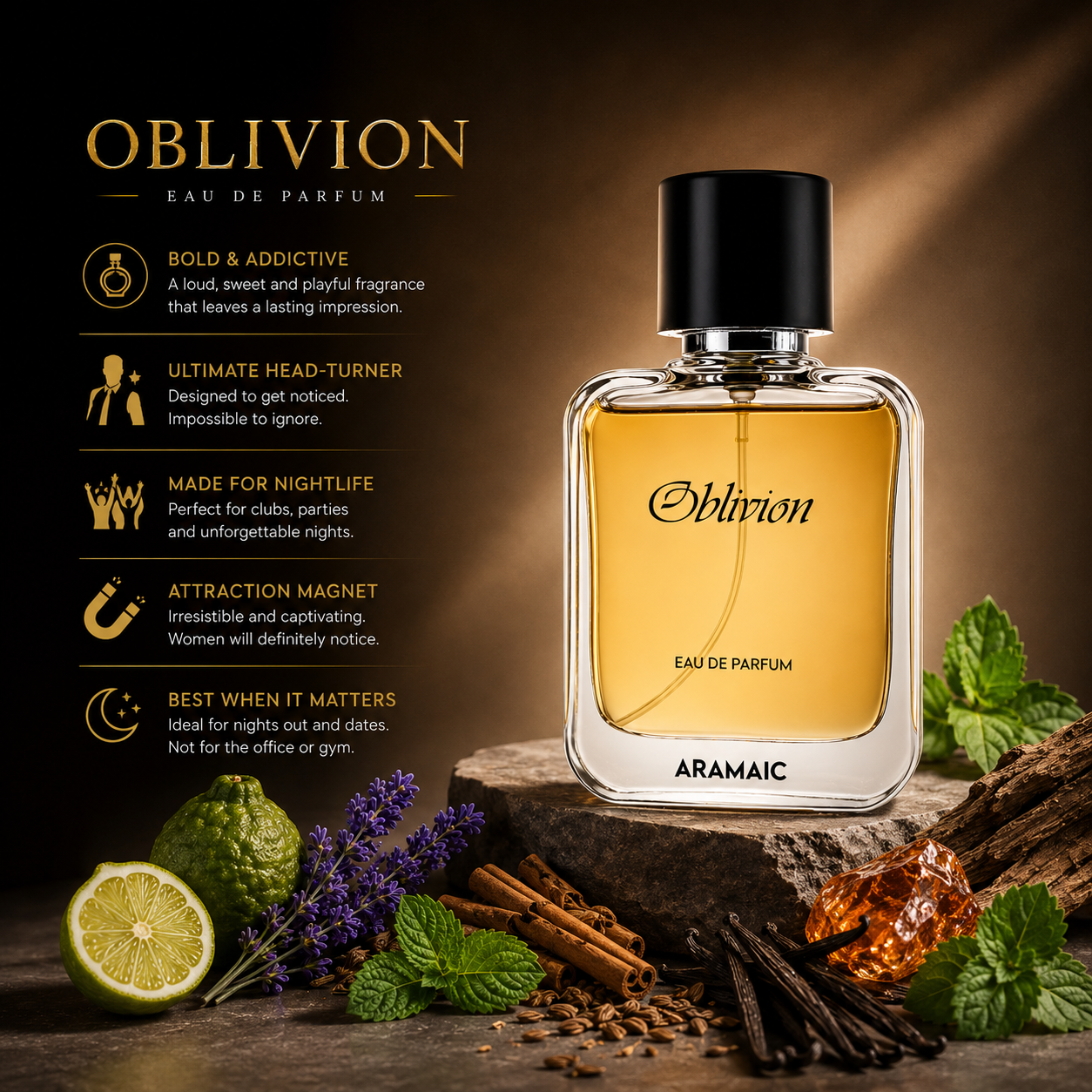 Oblivion Eau De Parfum for Men 50ML – Bold Amber Fougère Fragrance for Nightlife & Parties