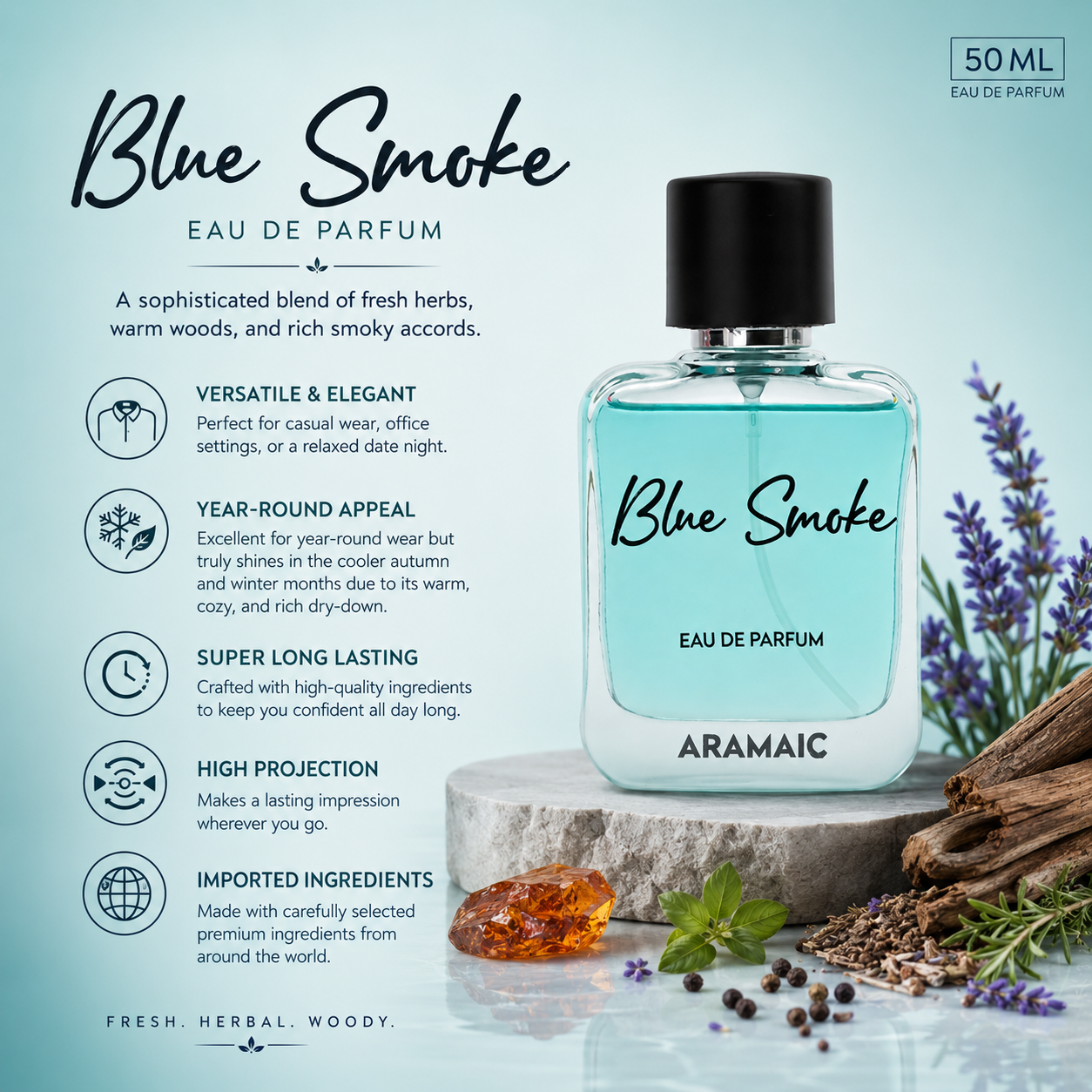 Blue Smoke Eau de Parfum 50ML – Fresh Lavender, Aquatic & Woody Masculine Fragrance | Long Lasting High Projection Perfume for Men