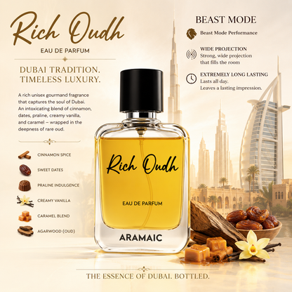 Rich Oudh Eau De Parfum 50ML – Luxury Unisex Gourmand Oud Fragrance | Long Lasting Perfume | Dubai Inspired Scent