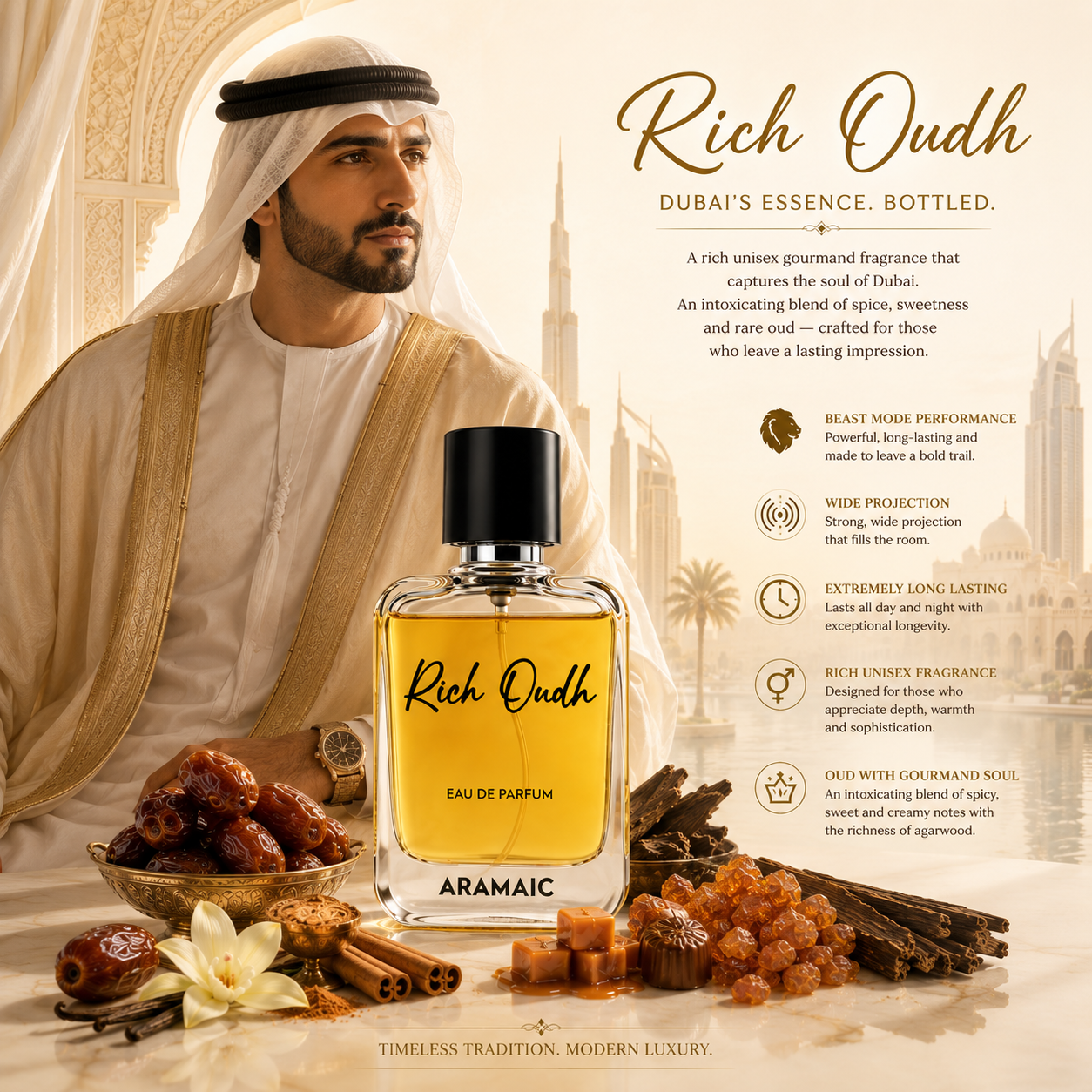 Rich Oudh Eau De Parfum 50ML – Luxury Unisex Gourmand Oud Fragrance | Long Lasting Perfume | Dubai Inspired Scent