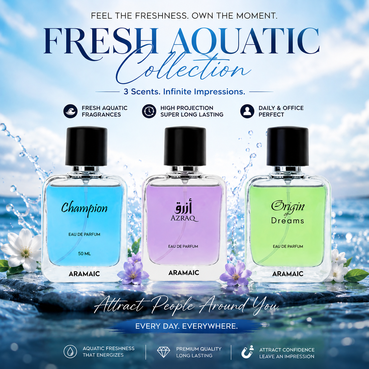 Aramaic Fresh Aquatic Collection Combo Pack | Champion, Azraq & Origin of Dreams | 3 x 50 ml Eau De Parfum