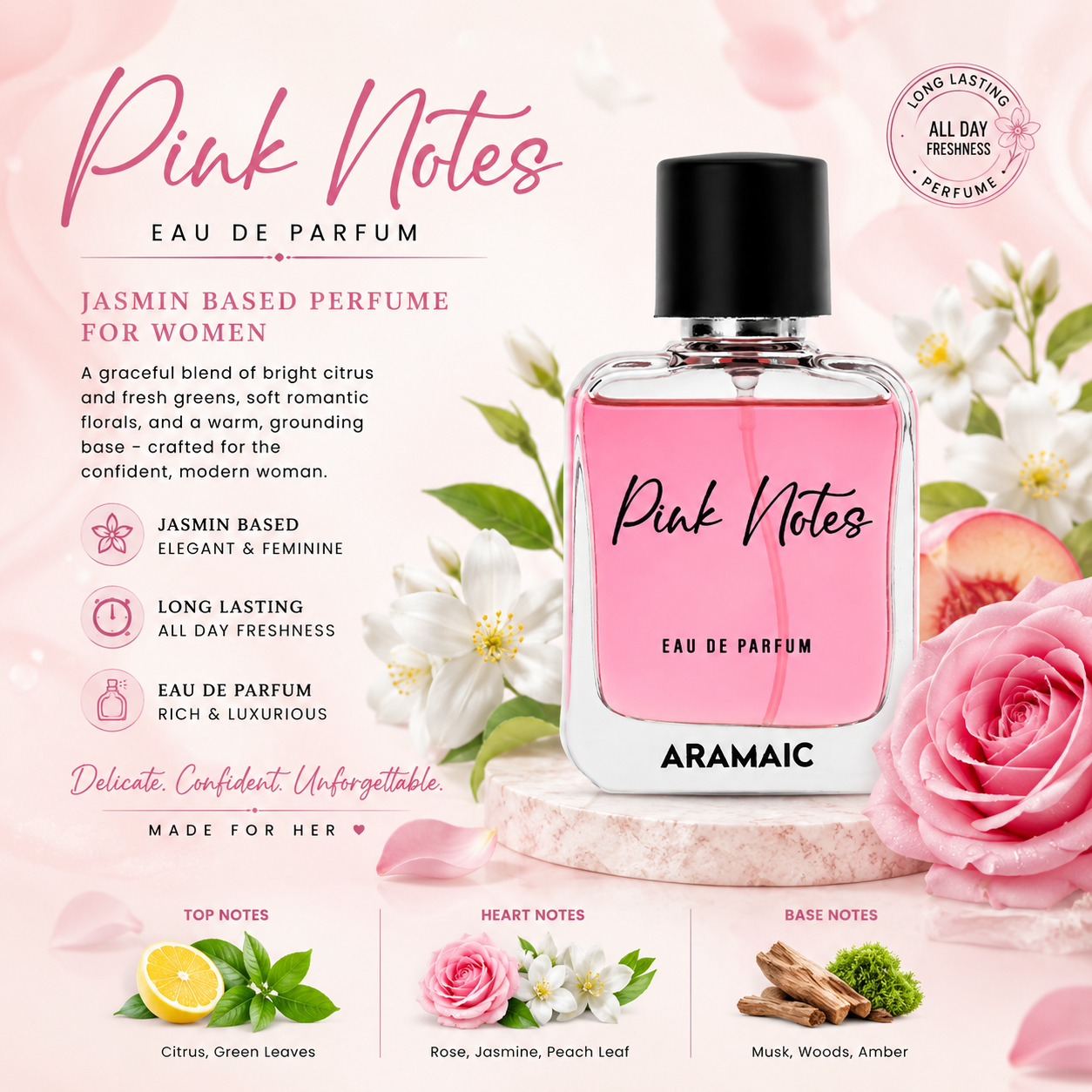 Pink Notes 50 ML Eau De Parfum for Women – Long Lasting Jasmine Floral Perfume