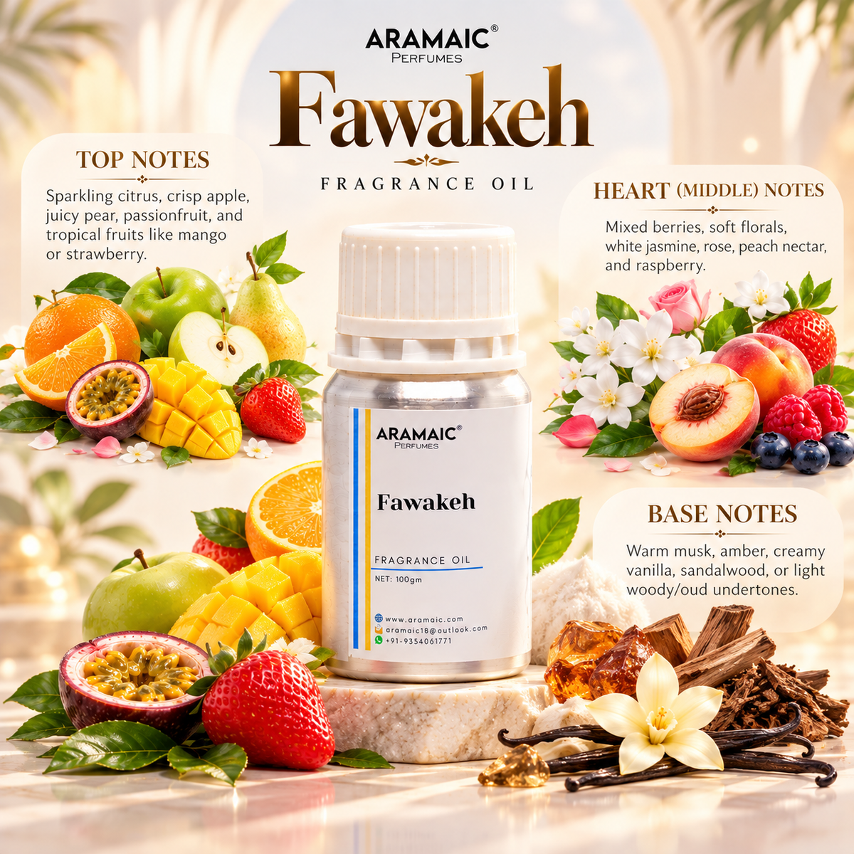 Aramaic Fawakeh Premium Fruity Fragrance Oil – Long-Lasting Alcohol-Free Perfume Oil, 100g