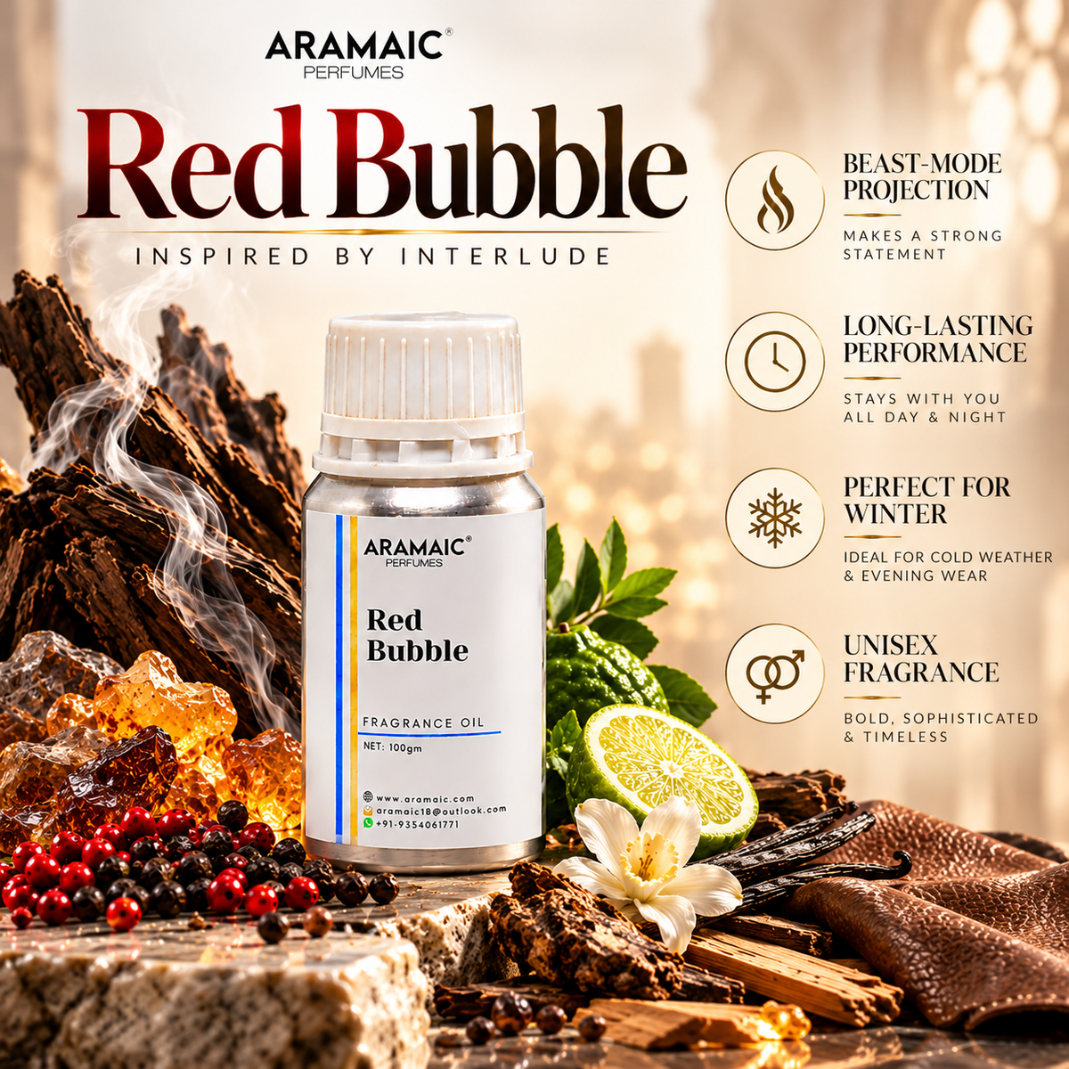 Aramaic Red Bubble Fragrance Oil – Inspired by Interlude | 100% Alcohol-Free, Long-Lasting Perfume Oil, Beast-Mode Projection, 100gm