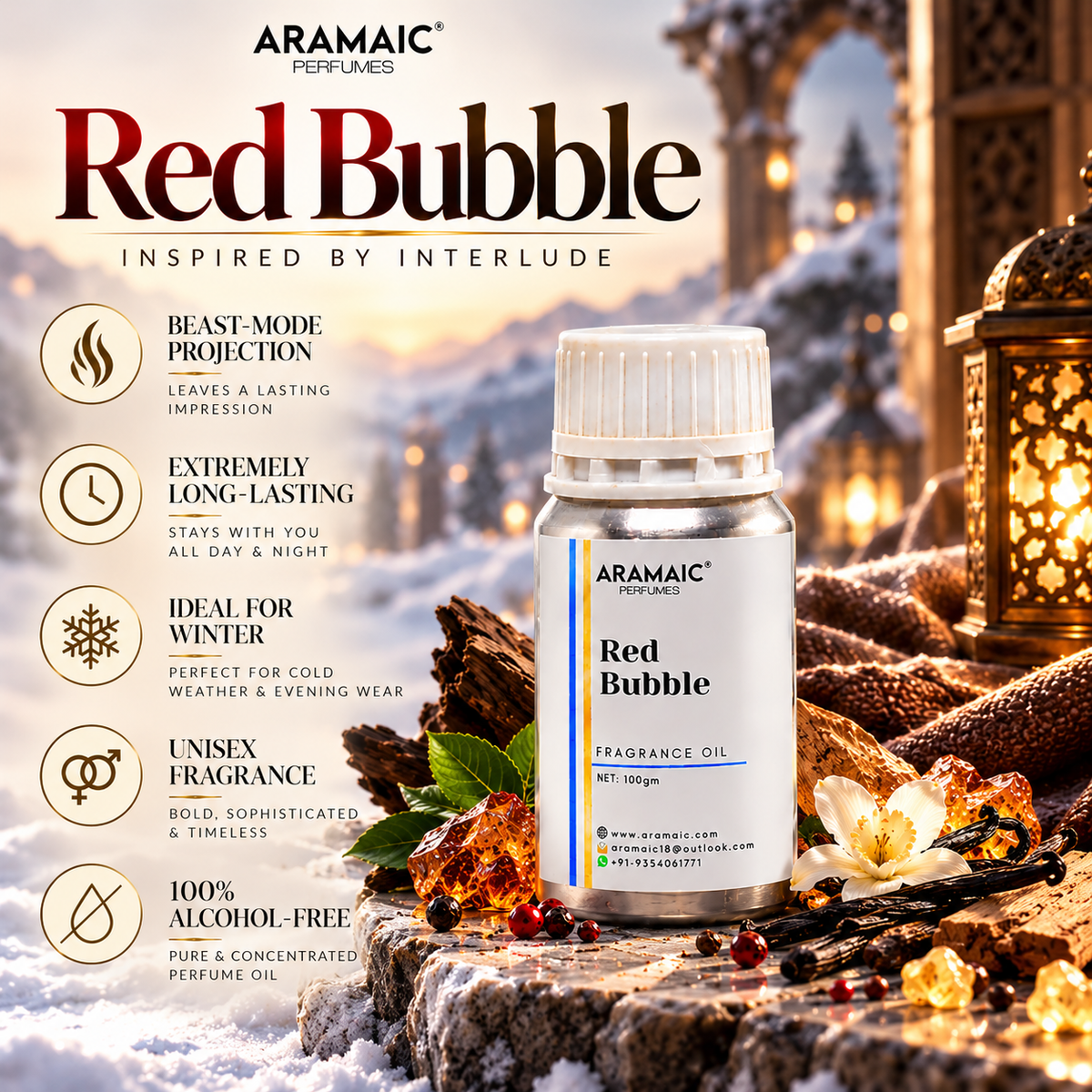 Aramaic Red Bubble Fragrance Oil – Inspired by Interlude | 100% Alcohol-Free, Long-Lasting Perfume Oil, Beast-Mode Projection, 100gm