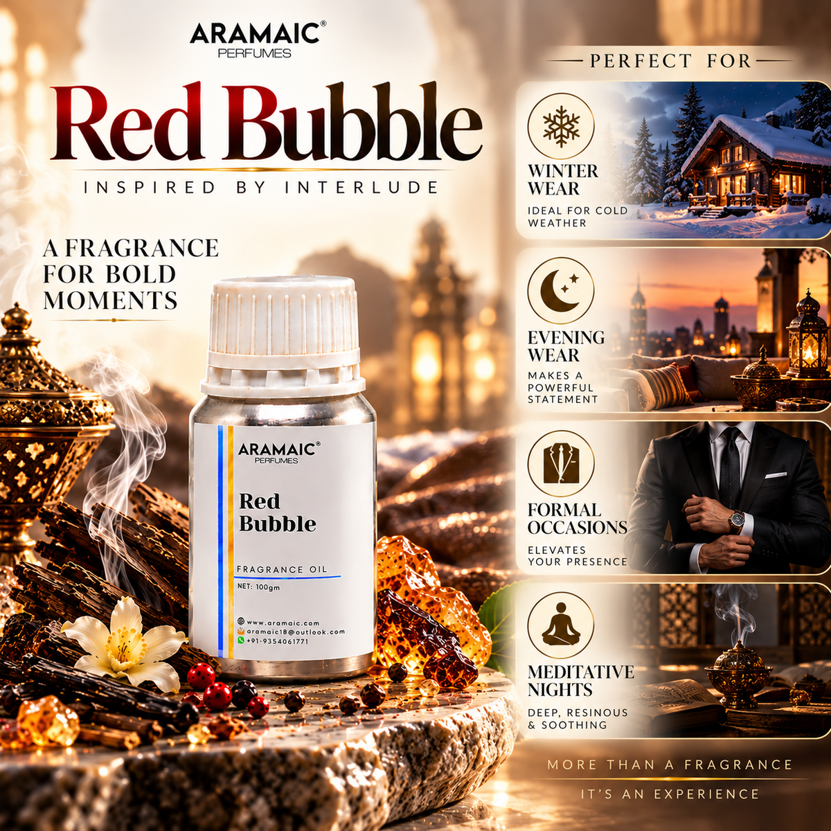 Aramaic Red Bubble Fragrance Oil – Inspired by Interlude | 100% Alcohol-Free, Long-Lasting Perfume Oil, Beast-Mode Projection, 100gm