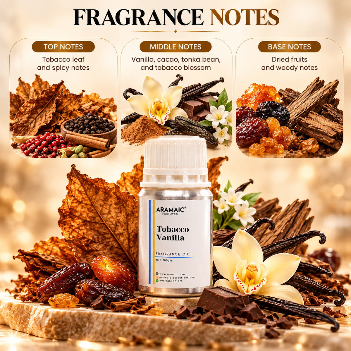 Aramaic Tobacco Vanilla Perfume Oil 100g | Long-Lasting Warm, Spicy & Amber Fragrance | 100% Alcohol-Free