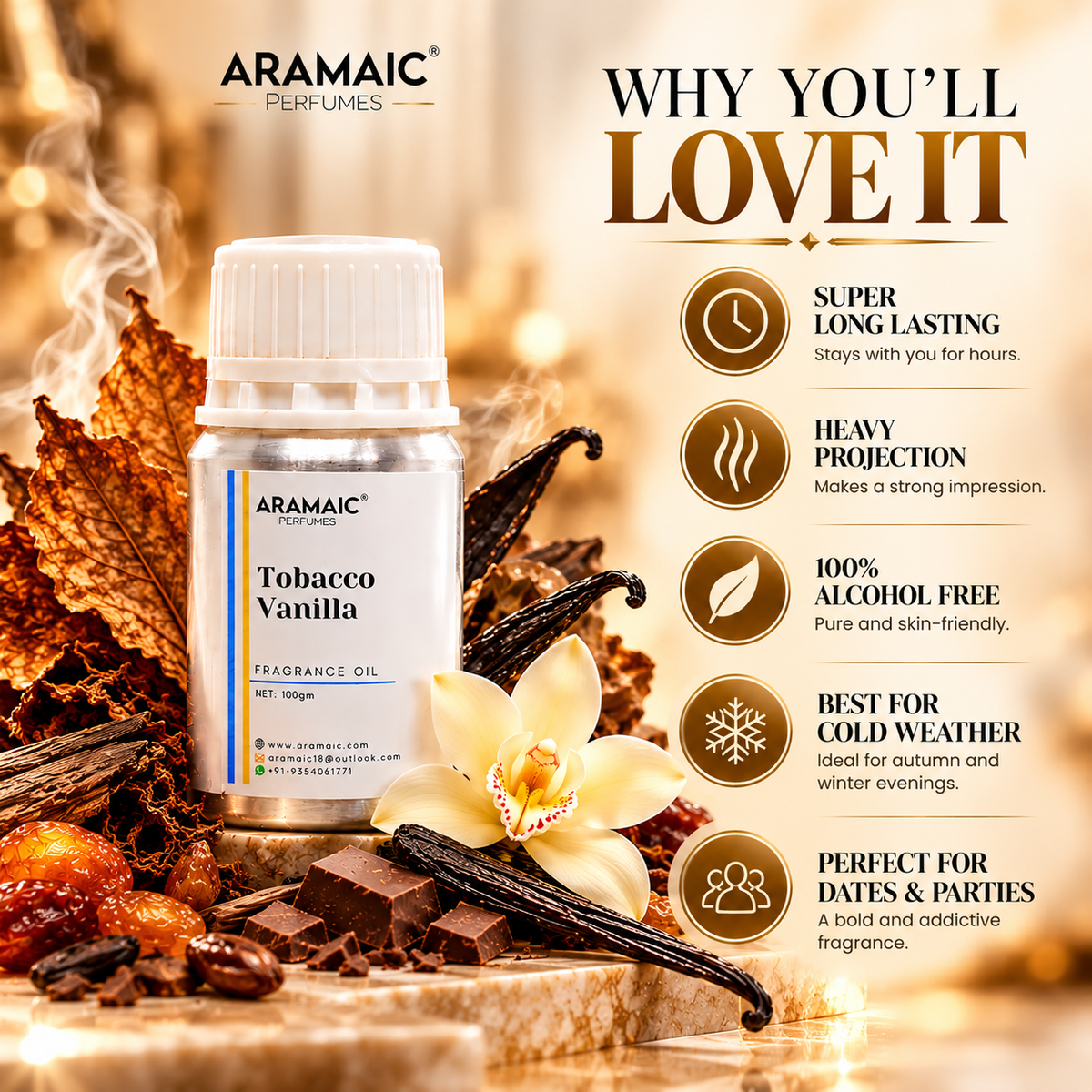 Aramaic Tobacco Vanilla Perfume Oil 100g | Long-Lasting Warm, Spicy & Amber Fragrance | 100% Alcohol-Free