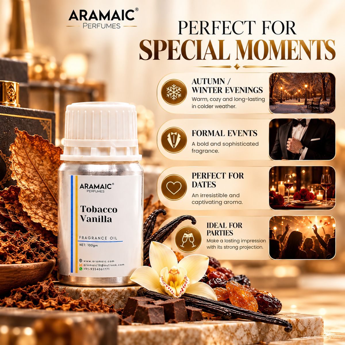 Aramaic Tobacco Vanilla Perfume Oil 100g | Long-Lasting Warm, Spicy & Amber Fragrance | 100% Alcohol-Free